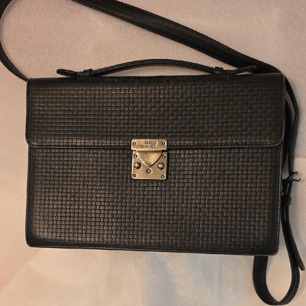 Versace Black Woven Leather Bag with Silver Clasp